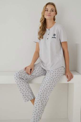 PİJAMONİ - Pijamoni Kadın Pijama Takımı Kısa Kollu Yaprak Desenli Düğmeli Pamuklu - Gri