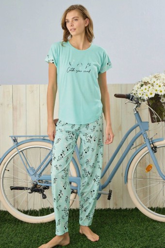 PİJAMONİ - Pijamoni Kadın Pijama Takımı Kısa Kollu Yaprak Desenli Poliviskon - Mint Yeşili