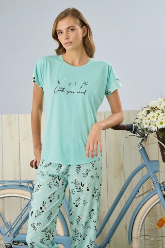 PİJAMONİ - Pijamoni Kadın Pijama Takımı Kısa Kollu Yaprak Desenli Poliviskon - Mint Yeşili (1)