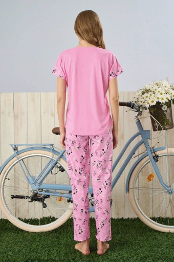 PİJAMONİ - Pijamoni Kadın Pijama Takımı Kısa Kollu Yaprak Desenli Poliviskon - Pembe (1)