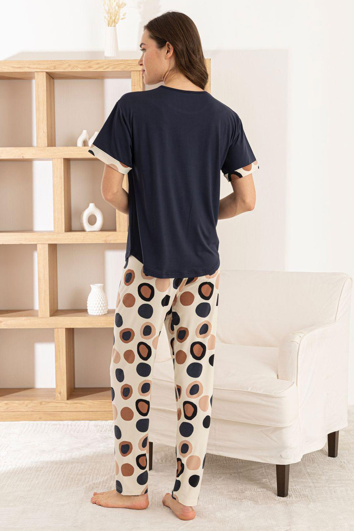 Pijamoni Kadın Pijama Takımı Kısa Kollu Yuvarlak Yaka Milan Büyük Puantiye Desenli - Lacivert - Thumbnail