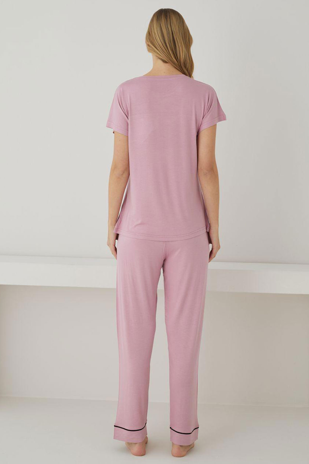 Pijamoni Kadın Pijama Takımı Kısa Kollu Yuvarlak Yaka Ring Viskon Düz Biyeli - Gülkurusu - Thumbnail