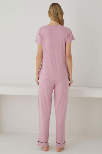 PİJAMONİ - Pijamoni Kadın Pijama Takımı Kısa Kollu Yuvarlak Yaka Ring Viskon Düz Biyeli - Gülkurusu (1)