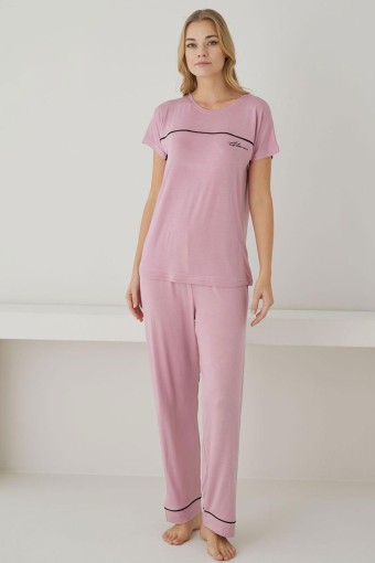 PİJAMONİ - Pijamoni Kadın Pijama Takımı Kısa Kollu Yuvarlak Yaka Ring Viskon Düz Biyeli - Gülkurusu