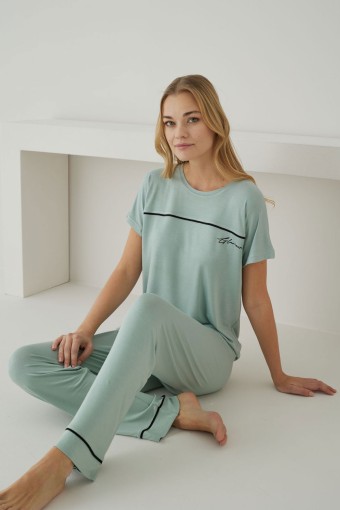 PİJAMONİ - Pijamoni Kadın Pijama Takımı Kısa Kollu Yuvarlak Yaka Ring Viskon Düz Biyeli - Mint
