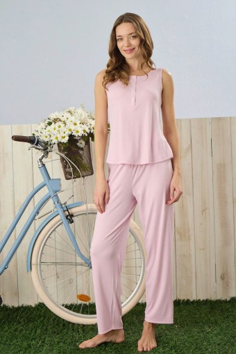 PİJAMONİ - Pijamoni Kadın Pijama Takımı Sıfır Kollu Dublin Kumaş Düğmeli - Açık Pembe