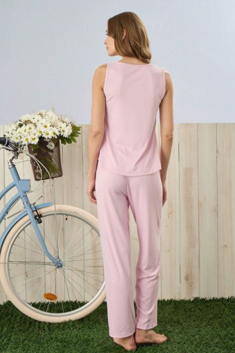 PİJAMONİ - Pijamoni Kadın Pijama Takımı Sıfır Kollu Dublin Kumaş Düğmeli - Açık Pembe (1)