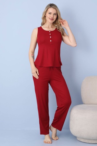 PİJAMONİ - Pijamoni Kadın Pijama Takımı Sıfır Kollu Dublin Kumaş Düğmeli - Bordo