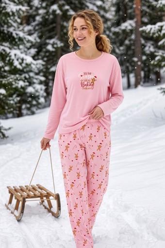 PİJAMONİ - Pijamoni Kadın Pijama Takımı Termal Uzun Kollu Bisiklet Yaka - Pudra Pembe