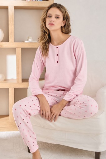 PİJAMONİ - Pijamoni Kadın Pijama Takımı Üç Düğmeli Uzun Kollu Waffle - Açık Pembe