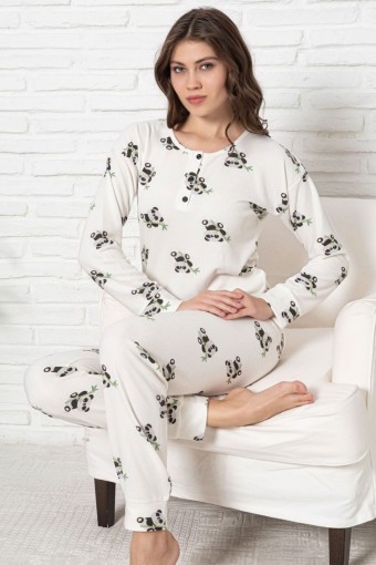 PİJAMONİ - Pijamoni Kadın Pijama Takımı Üç Düğmeli Uzun Kollu Waffle - Beyaz