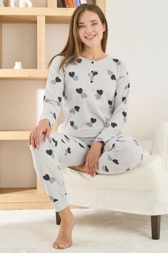 PİJAMONİ - Pijamoni Kadın Pijama Takımı Üç Düğmeli Uzun Kollu Waffle - Gri