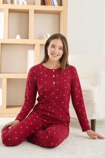 PİJAMONİ - Pijamoni Kadın Pijama Takımı Üç Düğmeli Uzun Kollu Waffle - Kırmızı