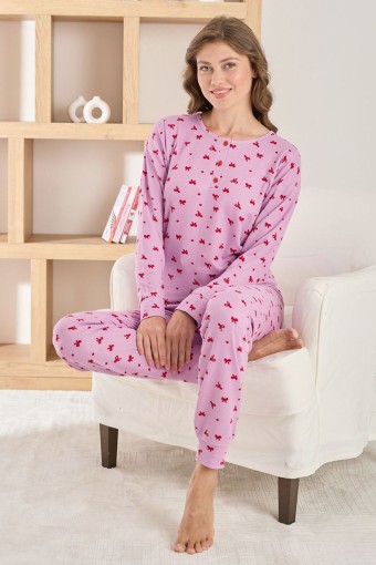 PİJAMONİ - Pijamoni Kadın Pijama Takımı Üç Düğmeli Uzun Kollu Waffle - Lila