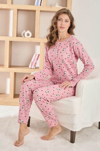 PİJAMONİ - Pijamoni Kadın Pijama Takımı Üç Düğmeli Uzun Kollu Waffle - Pembe