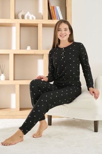 PİJAMONİ - Pijamoni Kadın Pijama Takımı Üç Düğmeli Uzun Kollu Waffle - Siyah