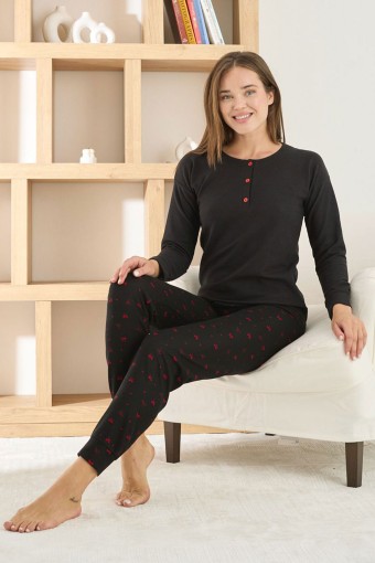PİJAMONİ - Pijamoni Kadın Pijama Takımı Üç Düğmeli Uzun Kollu Waffle - Siyah