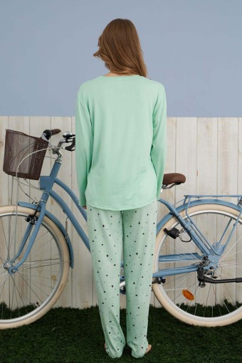 PİJAMONİ - Pijamoni Kadın Pijama Takımı Uzun Kol Yuvarlak Yaka Kalp Desenli Milan - Mint Yeşili (1)