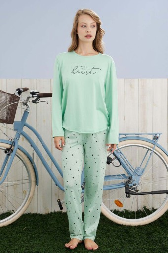 PİJAMONİ - Pijamoni Kadın Pijama Takımı Uzun Kol Yuvarlak Yaka Kalp Desenli Milan - Mint Yeşili