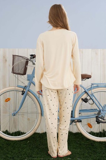 PİJAMONİ - Pijamoni Kadın Pijama Takımı Uzun Kol Yuvarlak Yaka Kalp Desenli Milan - Sarı (1)