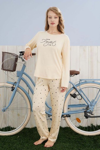 PİJAMONİ - Pijamoni Kadın Pijama Takımı Uzun Kol Yuvarlak Yaka Kalp Desenli Milan - Sarı