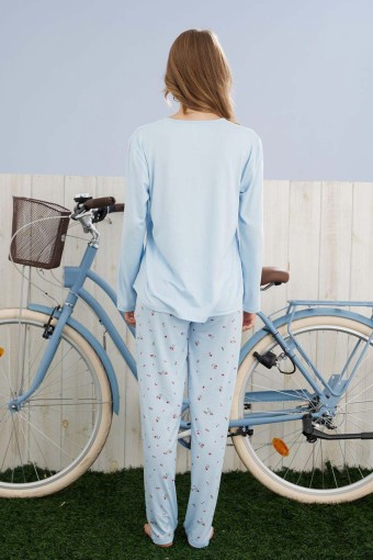 PİJAMONİ - Pijamoni Kadın Pijama Takımı Uzun Kol Yuvarlak Yaka Kelebek Baskılı Çiçek Desenli Milan - Açık Mavi (1)