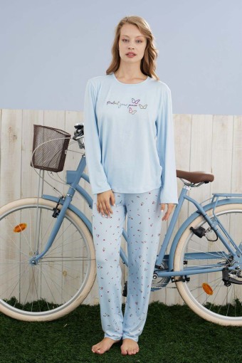 PİJAMONİ - Pijamoni Kadın Pijama Takımı Uzun Kol Yuvarlak Yaka Kelebek Baskılı Çiçek Desenli Milan - Açık Mavi