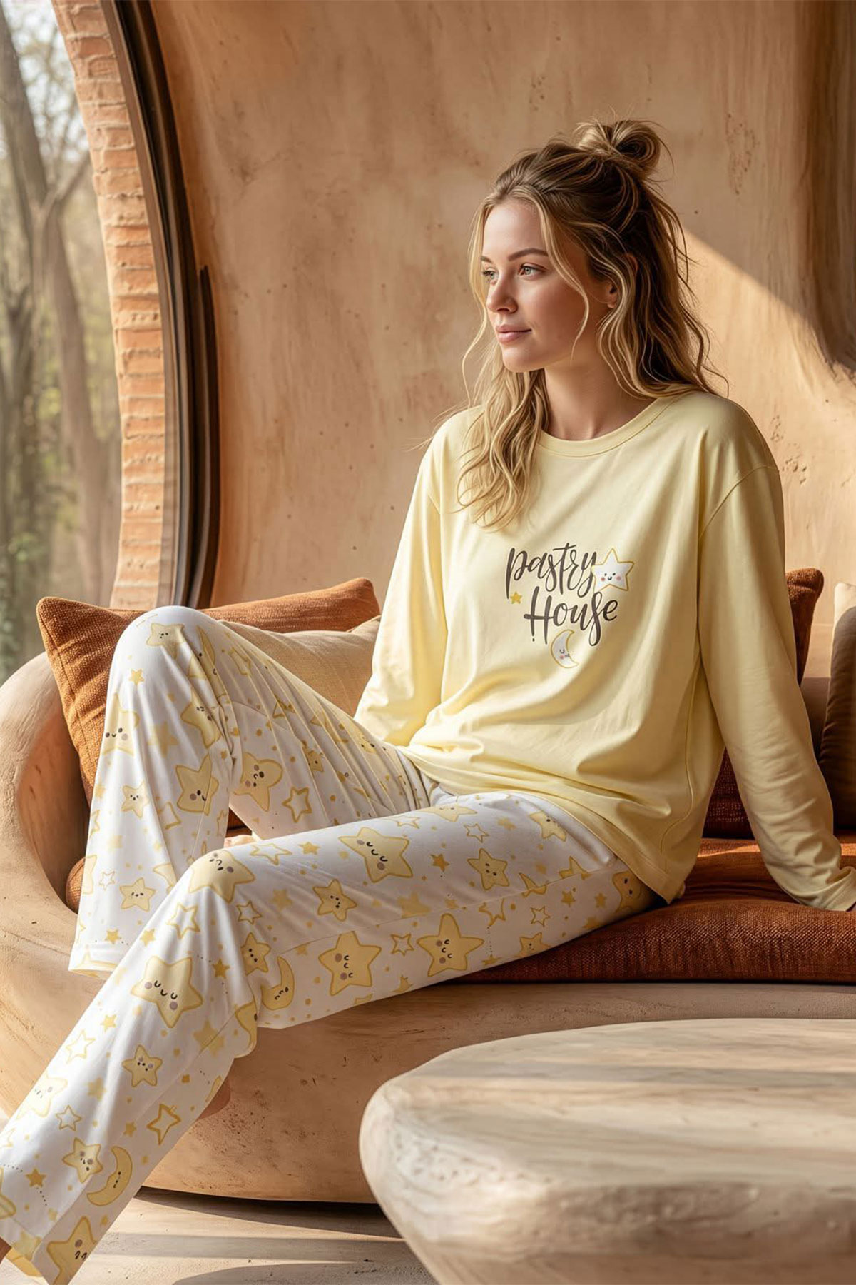 Pijamoni Kadın Pijama Takımı Uzun Kol Yuvarlak Yaka Likralı Pamuklu Yıldız Baskılı - Sarı - Thumbnail