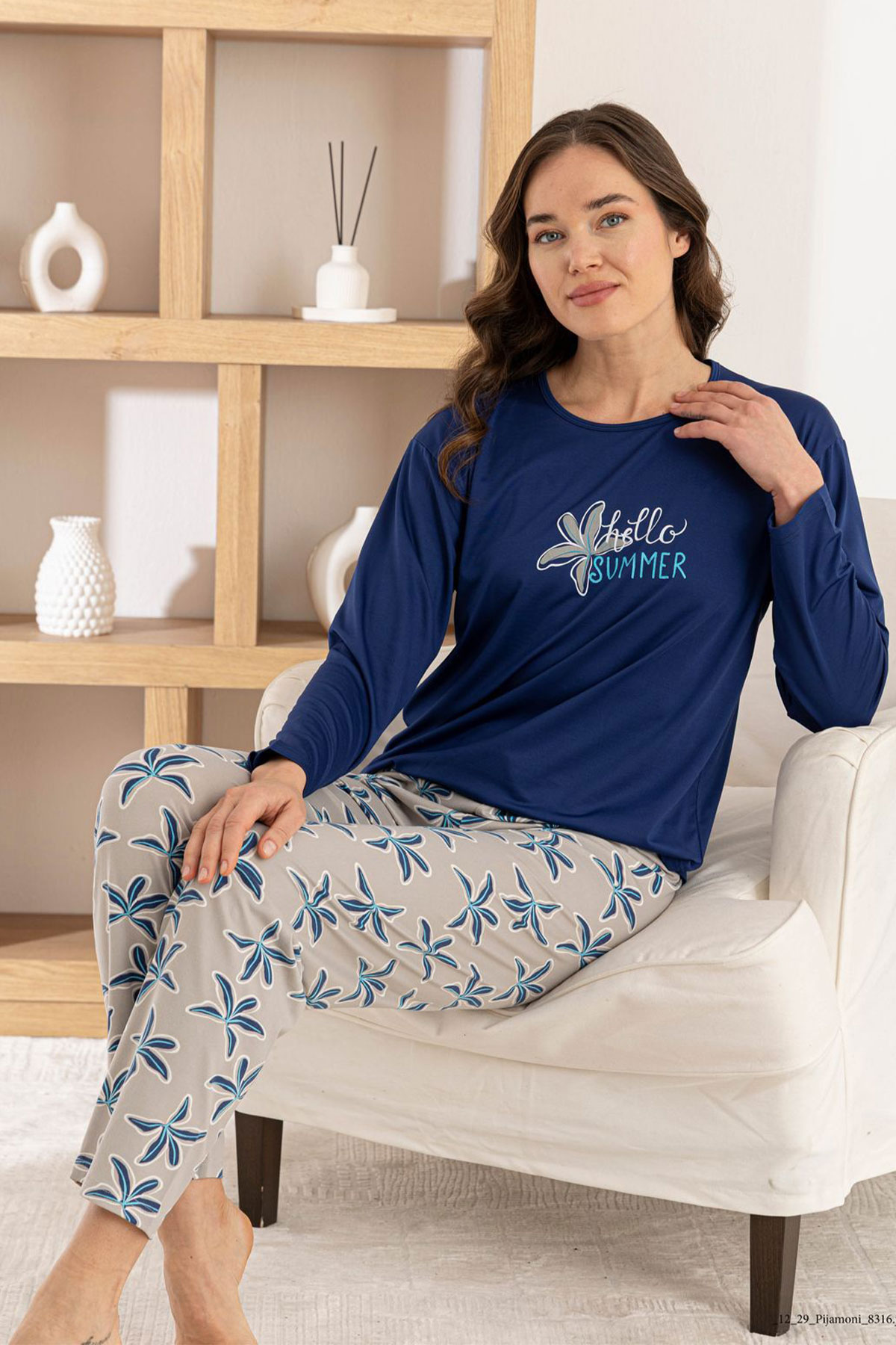Pijamoni Kadın Pijama Takımı Uzun Kol Yuvarlak Yaka Milan Desenli - Lacivert - Thumbnail