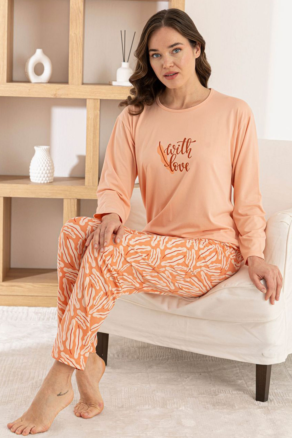 Pijamoni Kadın Pijama Takımı Uzun Kol Yuvarlak Yaka Milan Desenli - Somon - Thumbnail