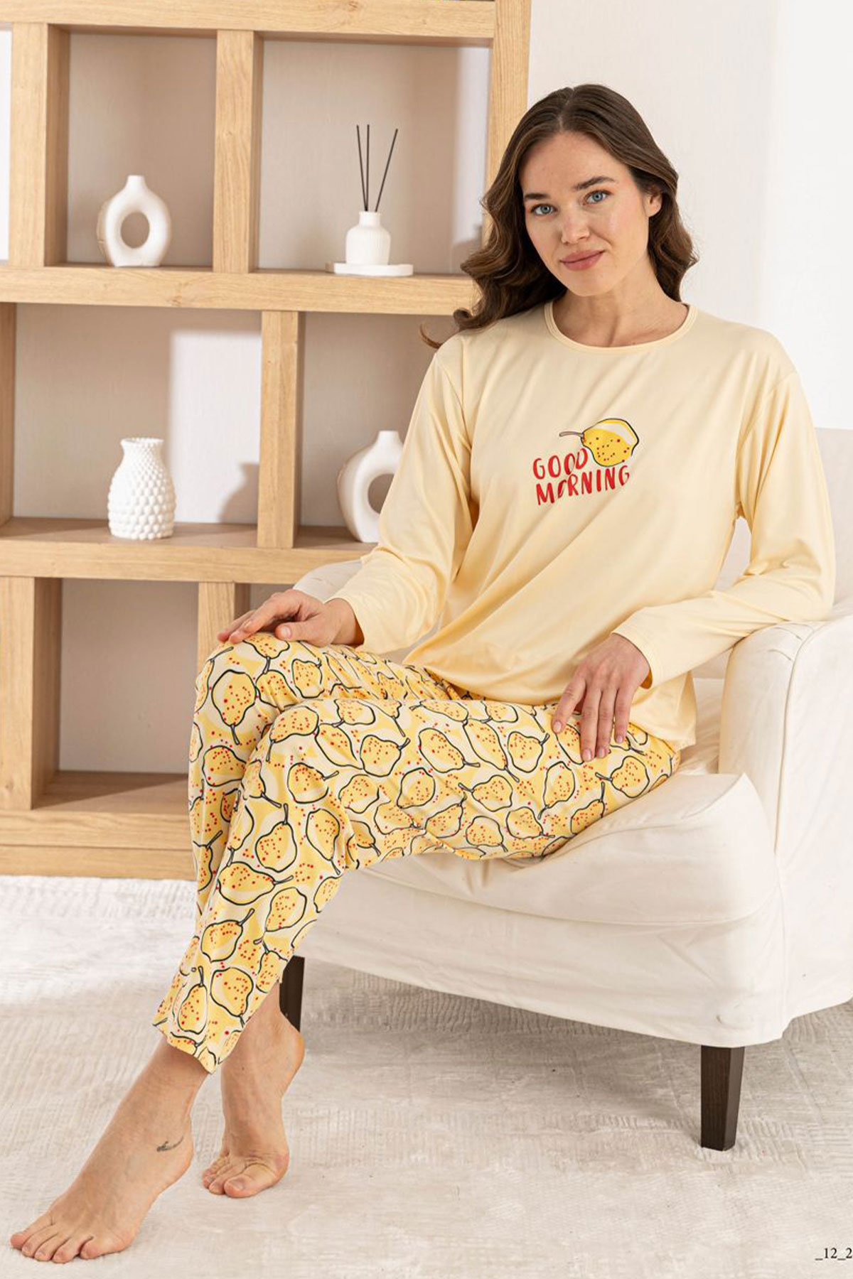 Pijamoni Kadın Pijama Takımı Uzun Kol Yuvarlak Yaka Milan Good Morning Yazılı - Sarı - Thumbnail