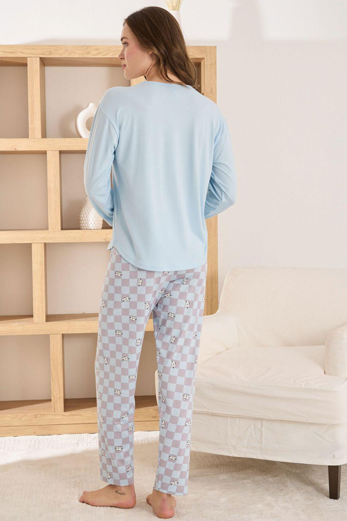 Pijamoni Kadın Pijama Takımı Uzun Kol Yuvarlak Yaka Milan Kedi Desenli - Açık Mavi - Thumbnail