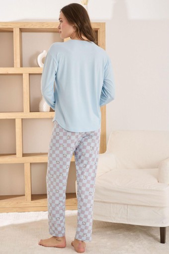 PİJAMONİ - Pijamoni Kadın Pijama Takımı Uzun Kol Yuvarlak Yaka Milan Kedi Desenli - Açık Mavi (1)
