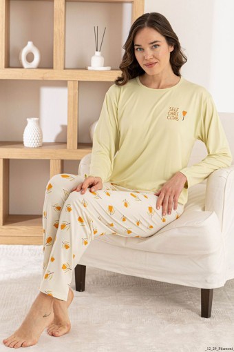 PİJAMONİ - Pijamoni Kadın Pijama Takımı Uzun Kol Yuvarlak Yaka Milan Lale Baskılı - Yeşil