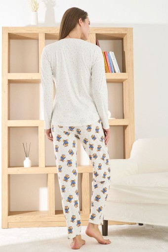 PİJAMONİ - Pijamoni Kadın Pijama Takımı Uzun Kollu Bisiklet Yaka Berlin Raporlu Ayıcık Desenli - Beyaz (1)