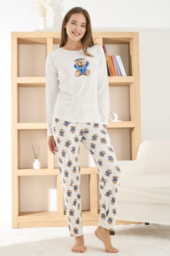 PİJAMONİ - Pijamoni Kadın Pijama Takımı Uzun Kollu Bisiklet Yaka Berlin Raporlu Ayıcık Desenli - Beyaz