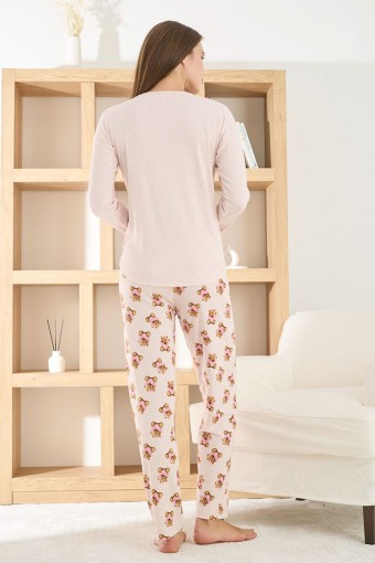 PİJAMONİ - Pijamoni Kadın Pijama Takımı Uzun Kollu Bisiklet Yaka Berlin Raporlu Ayıcık Desenli - Pembe (1)