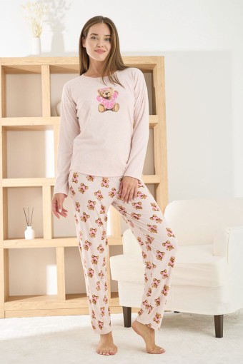 PİJAMONİ - Pijamoni Kadın Pijama Takımı Uzun Kollu Bisiklet Yaka Berlin Raporlu Ayıcık Desenli - Pembe