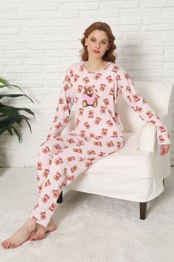 PİJAMONİ - Pijamoni Kadın Pijama Takımı Uzun Kollu Bisiklet Yaka Berlin Raporlu Ayıcık Desenli - Toz Pembe