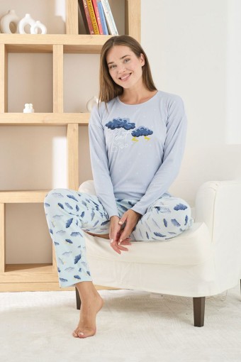 PİJAMONİ - Pijamoni Kadın Pijama Takımı Uzun Kollu Bisiklet Yaka Berlin Raporlu Bulut Desenli - Açık Mavi (1)