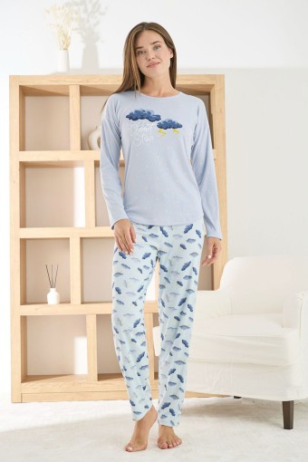 PİJAMONİ - Pijamoni Kadın Pijama Takımı Uzun Kollu Bisiklet Yaka Berlin Raporlu Bulut Desenli - Açık Mavi