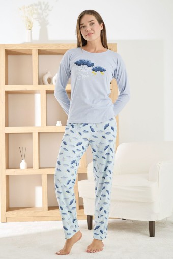PİJAMONİ - Pijamoni Kadın Pijama Takımı Uzun Kollu Bisiklet Yaka Berlin Raporlu Bulut Desenli - Açık Mavi