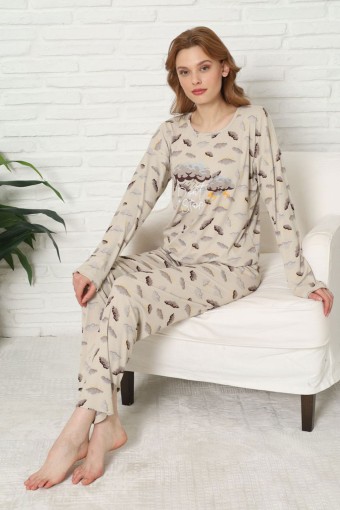 PİJAMONİ - Pijamoni Kadın Pijama Takımı Uzun Kollu Bisiklet Yaka Berlin Raporlu Bulut Desenli - Bej