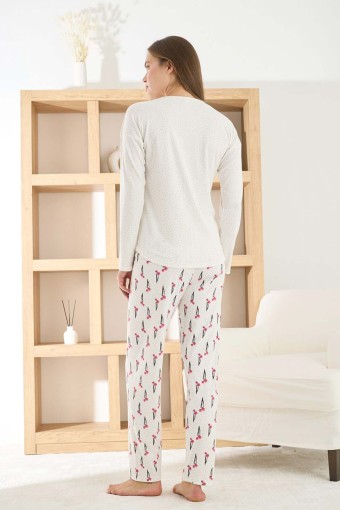 PİJAMONİ - Pijamoni Kadın Pijama Takımı Uzun Kollu Bisiklet Yaka Berlin Raporlu Çiçek Desenli - Ekru (1)