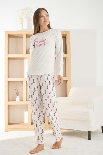 PİJAMONİ - Pijamoni Kadın Pijama Takımı Uzun Kollu Bisiklet Yaka Berlin Raporlu Çiçek Desenli - Ekru