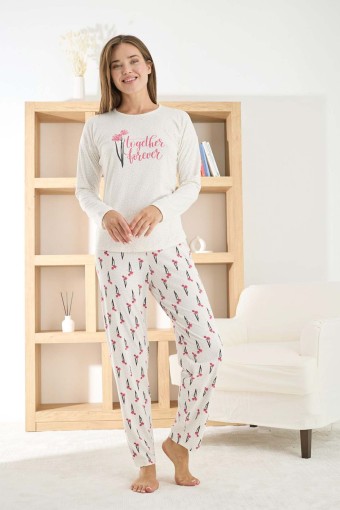 PİJAMONİ - Pijamoni Kadın Pijama Takımı Uzun Kollu Bisiklet Yaka Berlin Raporlu Çiçek Desenli - Ekru