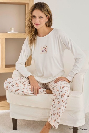 PİJAMONİ - Pijamoni Kadın Pijama Takımı Uzun Kollu Bisiklet Yaka Berlin Raporlu Desenli - Ekru