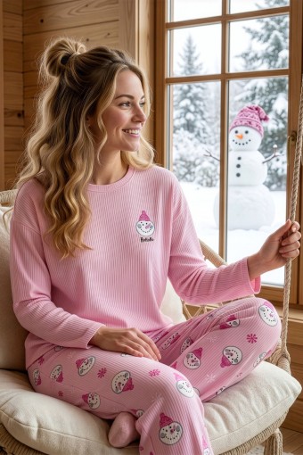 PİJAMONİ - Pijamoni Kadın Pijama Takımı Uzun Kollu Bisiklet Yaka Berlin Raporlu Dudak Desenli - Pembe