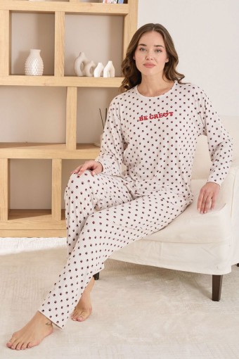 PİJAMONİ - Pijamoni Kadın Pijama Takımı Uzun Kollu Bisiklet Yaka Berlin Raporlu Pati Desenli - Ekru