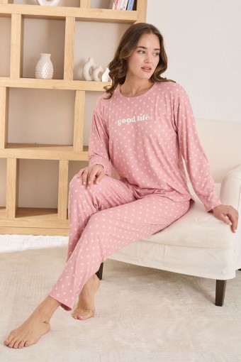 PİJAMONİ - Pijamoni Kadın Pijama Takımı Uzun Kollu Bisiklet Yaka Berlin Raporlu Pati Desenli - Pembe